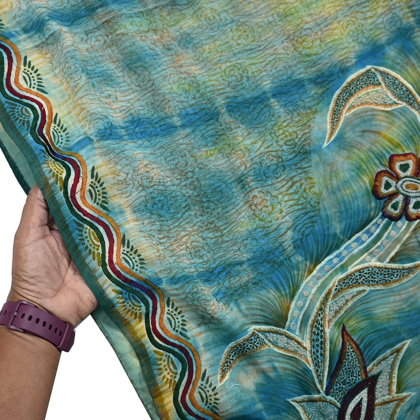 Indian Vintage Saree Yellow & Blue Pure Crepe Silk Hand Embroidered Tie-Dye Sari Fabric 5yard Sewing Craft Fabric Ethnic Dressmaking