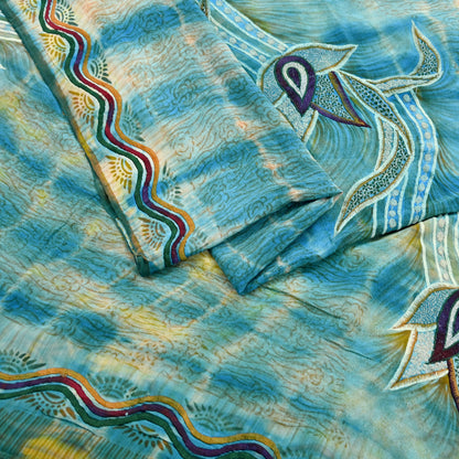 Indian Vintage Saree Yellow & Blue Pure Crepe Silk Hand Embroidered Tie-Dye Sari Fabric 5yard Sewing Craft Fabric Ethnic Dressmaking