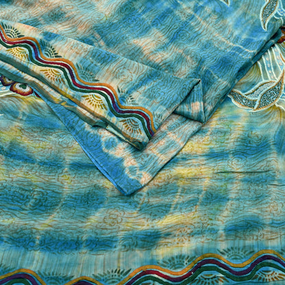 Indian Vintage Saree Yellow & Blue Pure Crepe Silk Hand Embroidered Tie-Dye Sari Fabric 5yard Sewing Craft Fabric Ethnic Dressmaking