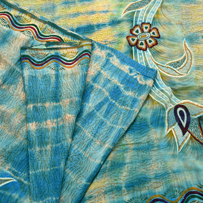 Indian Vintage Saree Yellow & Blue Pure Crepe Silk Hand Embroidered Tie-Dye Sari Fabric 5yard Sewing Craft Fabric Ethnic Dressmaking