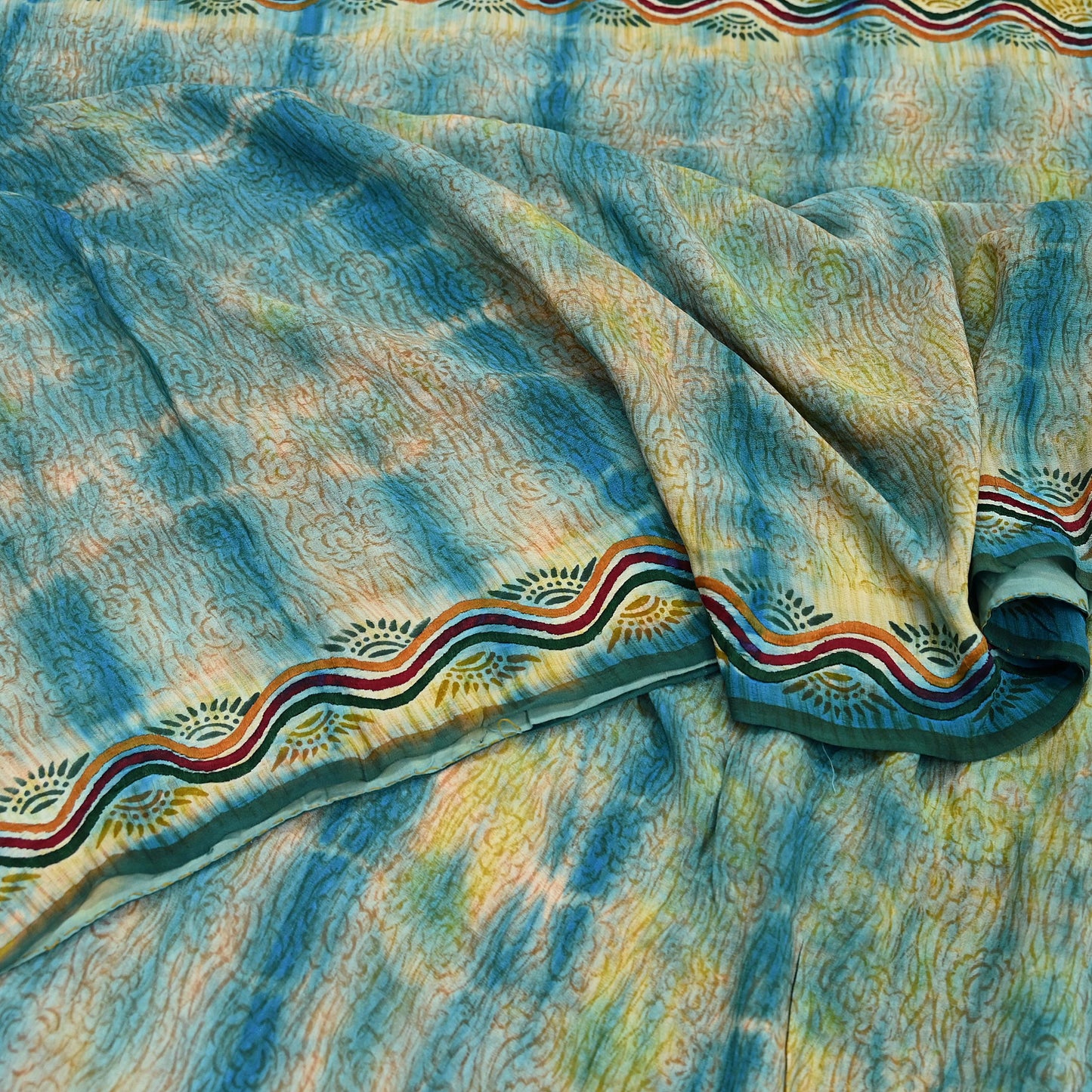 Indian Vintage Saree Yellow & Blue Pure Crepe Silk Hand Embroidered Tie-Dye Sari Fabric 5yard Sewing Craft Fabric Ethnic Dressmaking