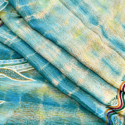 Indian Vintage Saree Yellow & Blue Pure Crepe Silk Hand Embroidered Tie-Dye Sari Fabric 5yard Sewing Craft Fabric Ethnic Dressmaking