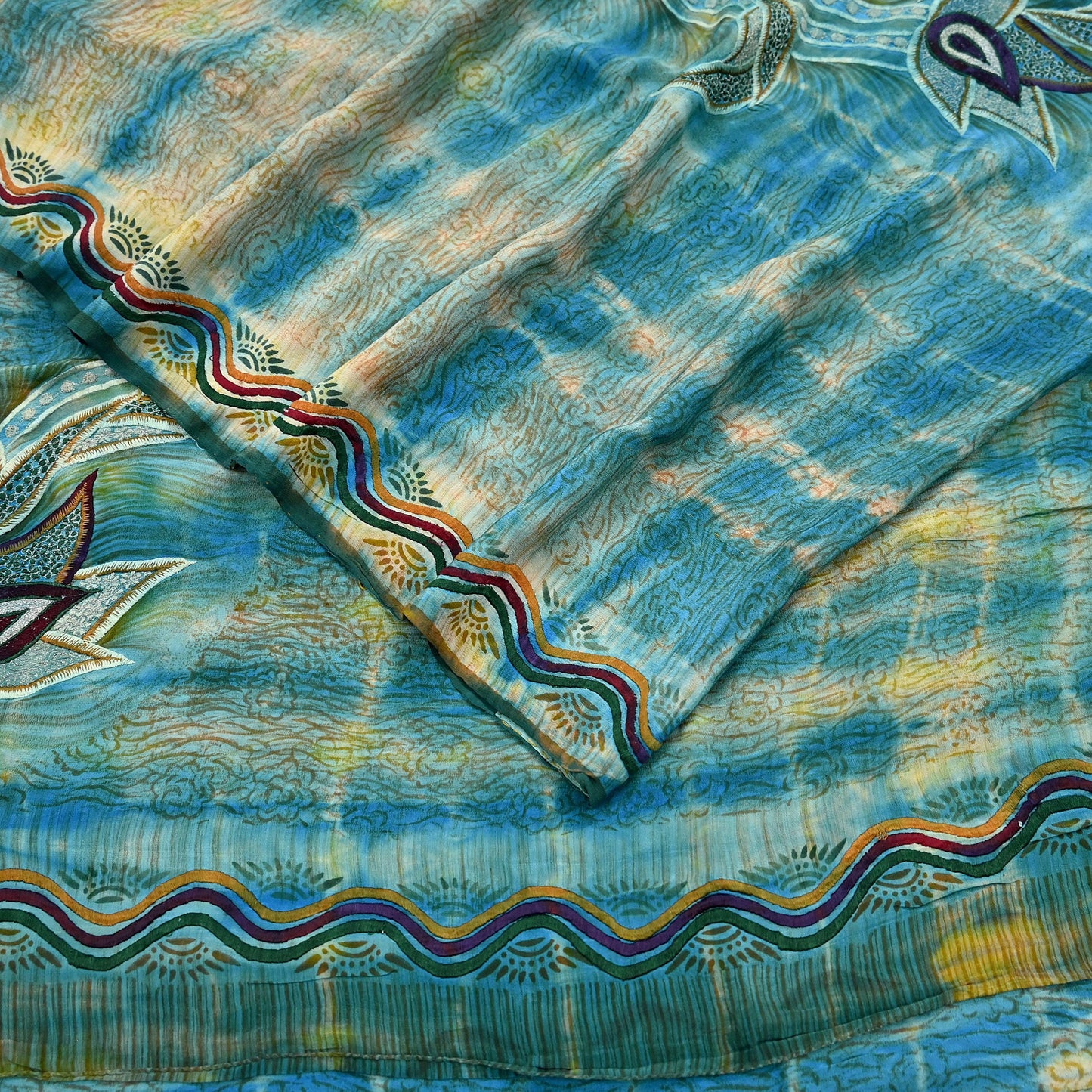 Indian Vintage Saree Yellow & Blue Pure Crepe Silk Hand Embroidered Tie-Dye Sari Fabric 5yard Sewing Craft Fabric Ethnic Dressmaking