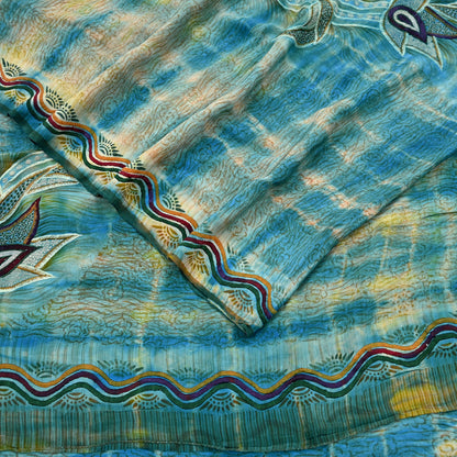 Indian Vintage Saree Yellow & Blue Pure Crepe Silk Hand Embroidered Tie-Dye Sari Fabric 5yard Sewing Craft Fabric Ethnic Dressmaking