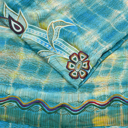 Indian Vintage Saree Yellow & Blue Pure Crepe Silk Hand Embroidered Tie-Dye Sari Fabric 5yard Sewing Craft Fabric Ethnic Dressmaking