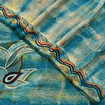 Indian Vintage Saree Yellow & Blue Pure Crepe Silk Hand Embroidered Tie-Dye Sari Fabric 5yard Sewing Craft Fabric Ethnic Dressmaking