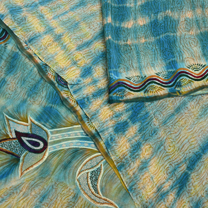 Indian Vintage Saree Yellow & Blue Pure Crepe Silk Hand Embroidered Tie-Dye Sari Fabric 5yard Sewing Craft Fabric Ethnic Dressmaking