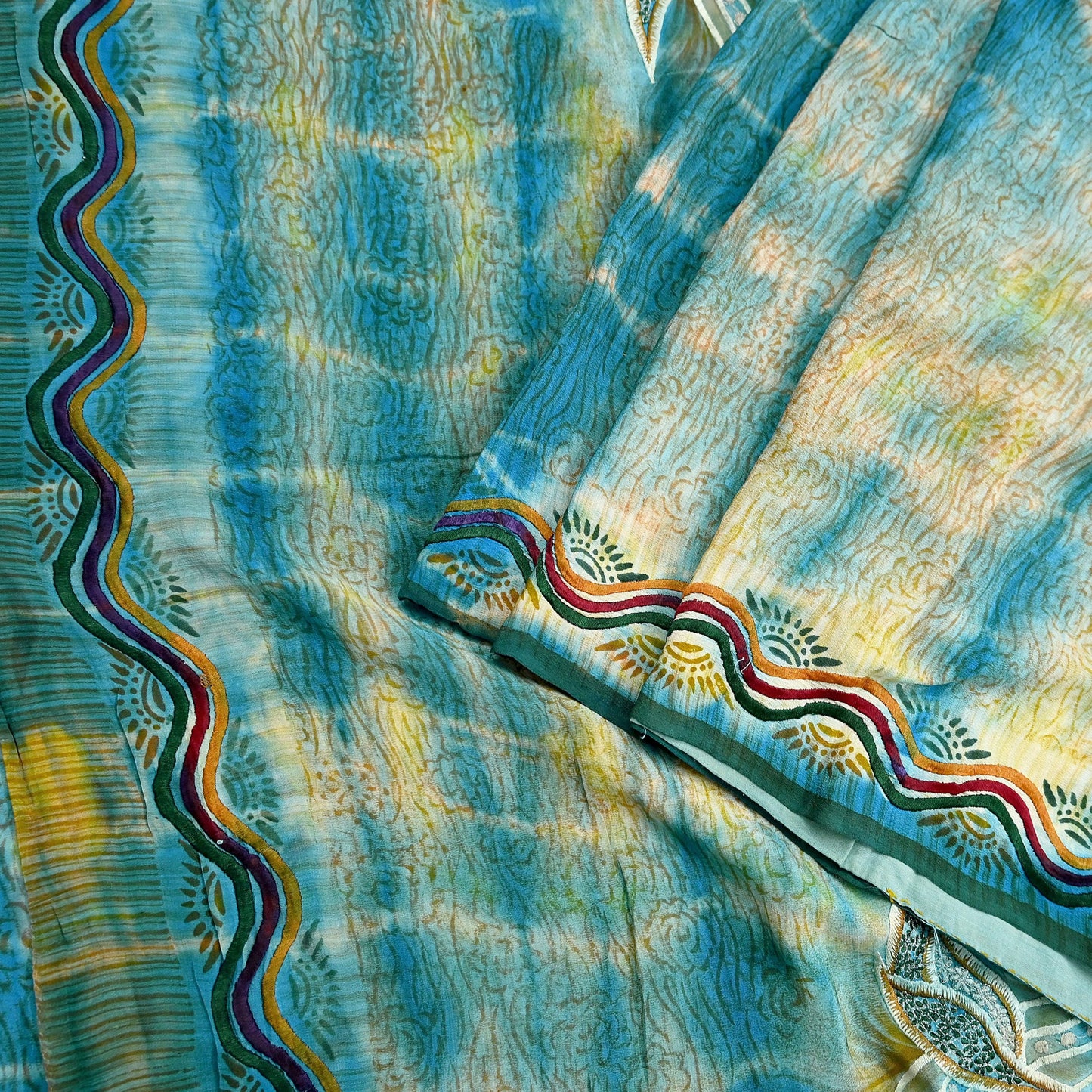 Indian Vintage Saree Yellow & Blue Pure Crepe Silk Hand Embroidered Tie-Dye Sari Fabric 5yard Sewing Craft Fabric Ethnic Dressmaking