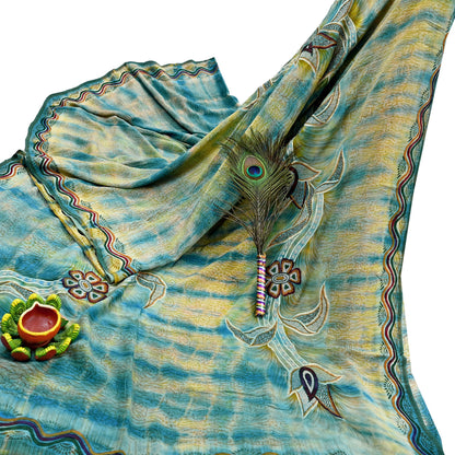 Indian Vintage Saree Yellow & Blue Pure Crepe Silk Hand Embroidered Tie-Dye Sari Fabric 5yard Sewing Craft Fabric Ethnic Dressmaking