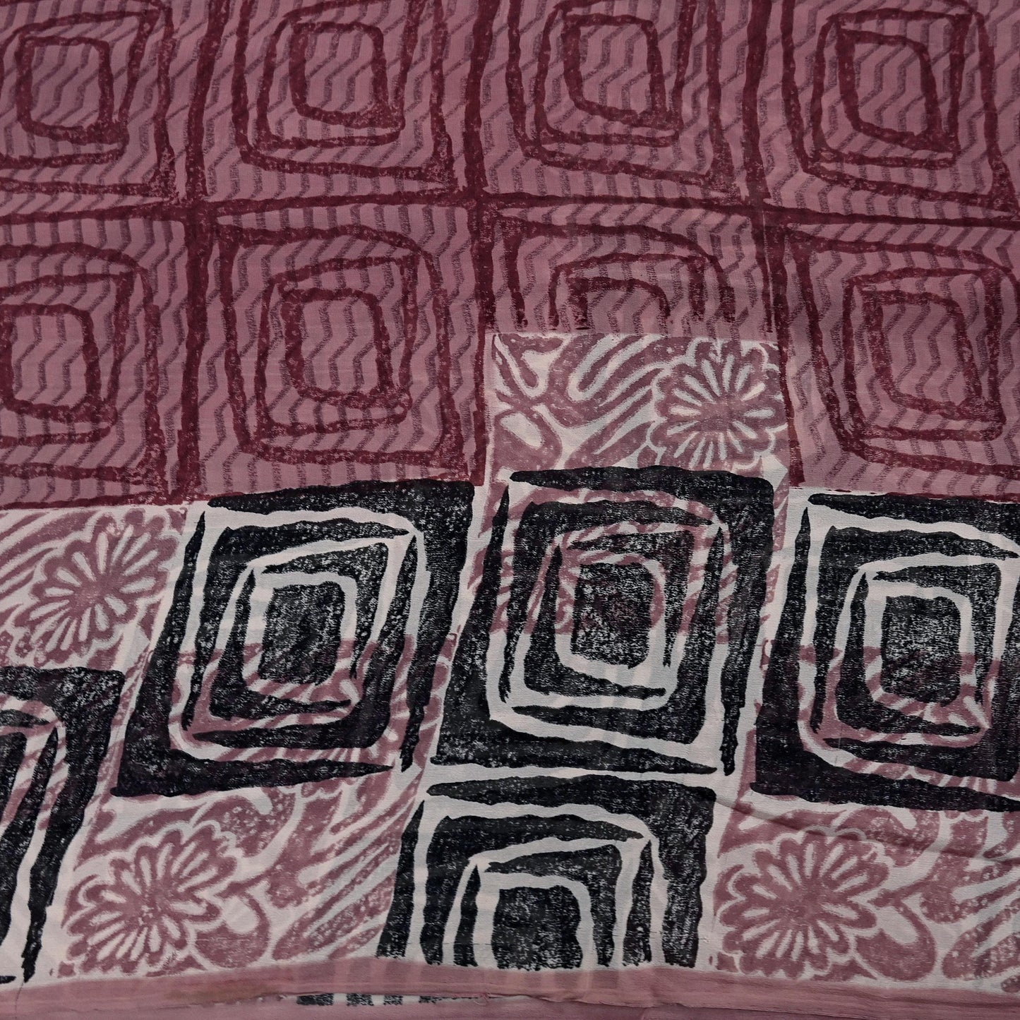 Indian Vintage Sari Brown & Maroon Pure Georgette Silk Printed Saree Craft Fabric Sewing 5Yd Soft Dress Making Crafting Quilting Upcycle