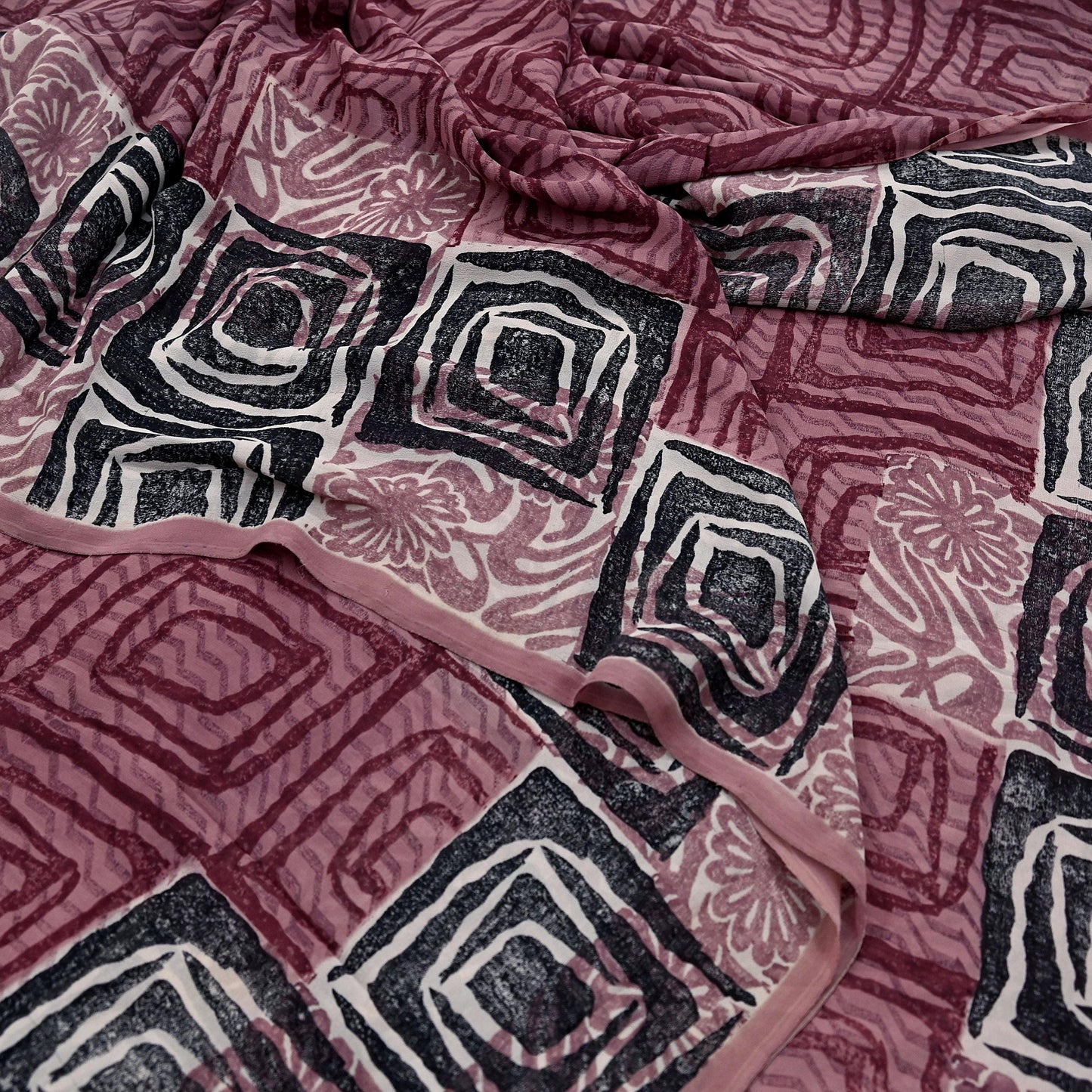 Indian Vintage Sari Brown & Maroon Pure Georgette Silk Printed Saree Craft Fabric Sewing 5Yd Soft Dress Making Crafting Quilting Upcycle