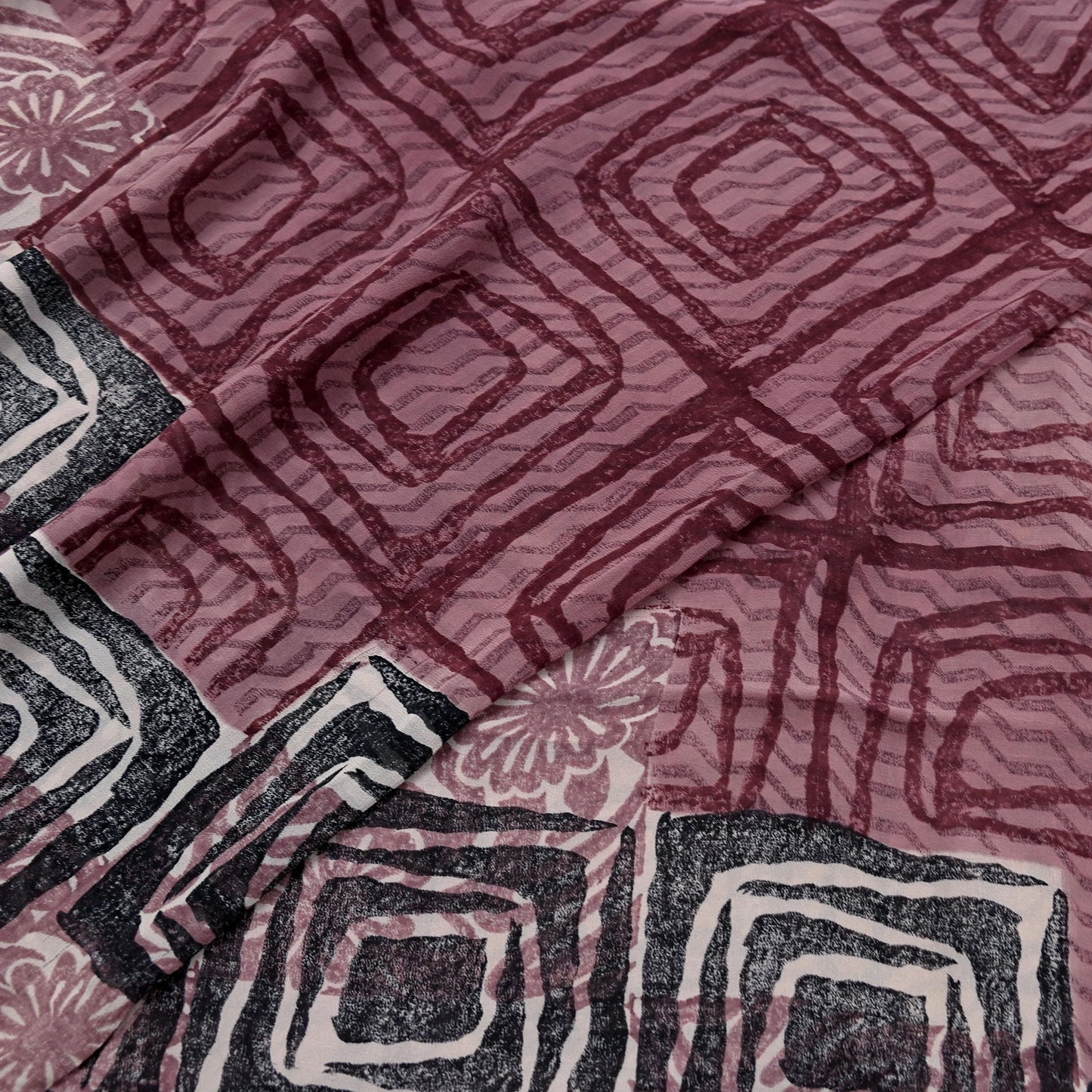 Indian Vintage Sari Brown & Maroon Pure Georgette Silk Printed Saree Craft Fabric Sewing 5Yd Soft Dress Making Crafting Quilting Upcycle