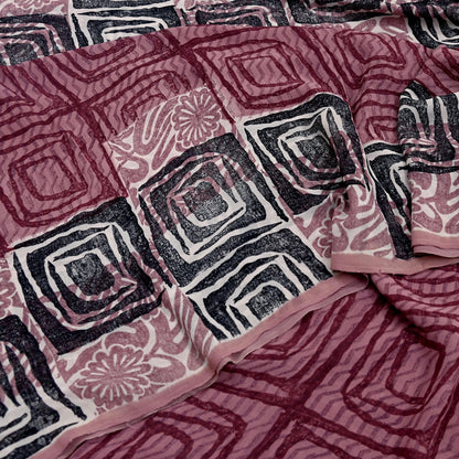 Indian Vintage Sari Brown & Maroon Pure Georgette Silk Printed Saree Craft Fabric Sewing 5Yd Soft Dress Making Crafting Quilting Upcycle