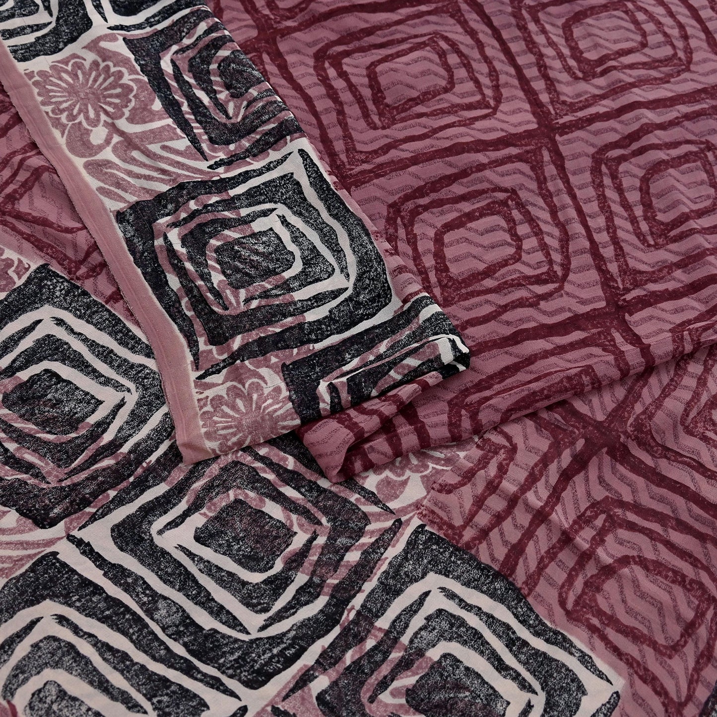 Indian Vintage Sari Brown & Maroon Pure Georgette Silk Printed Saree Craft Fabric Sewing 5Yd Soft Dress Making Crafting Quilting Upcycle