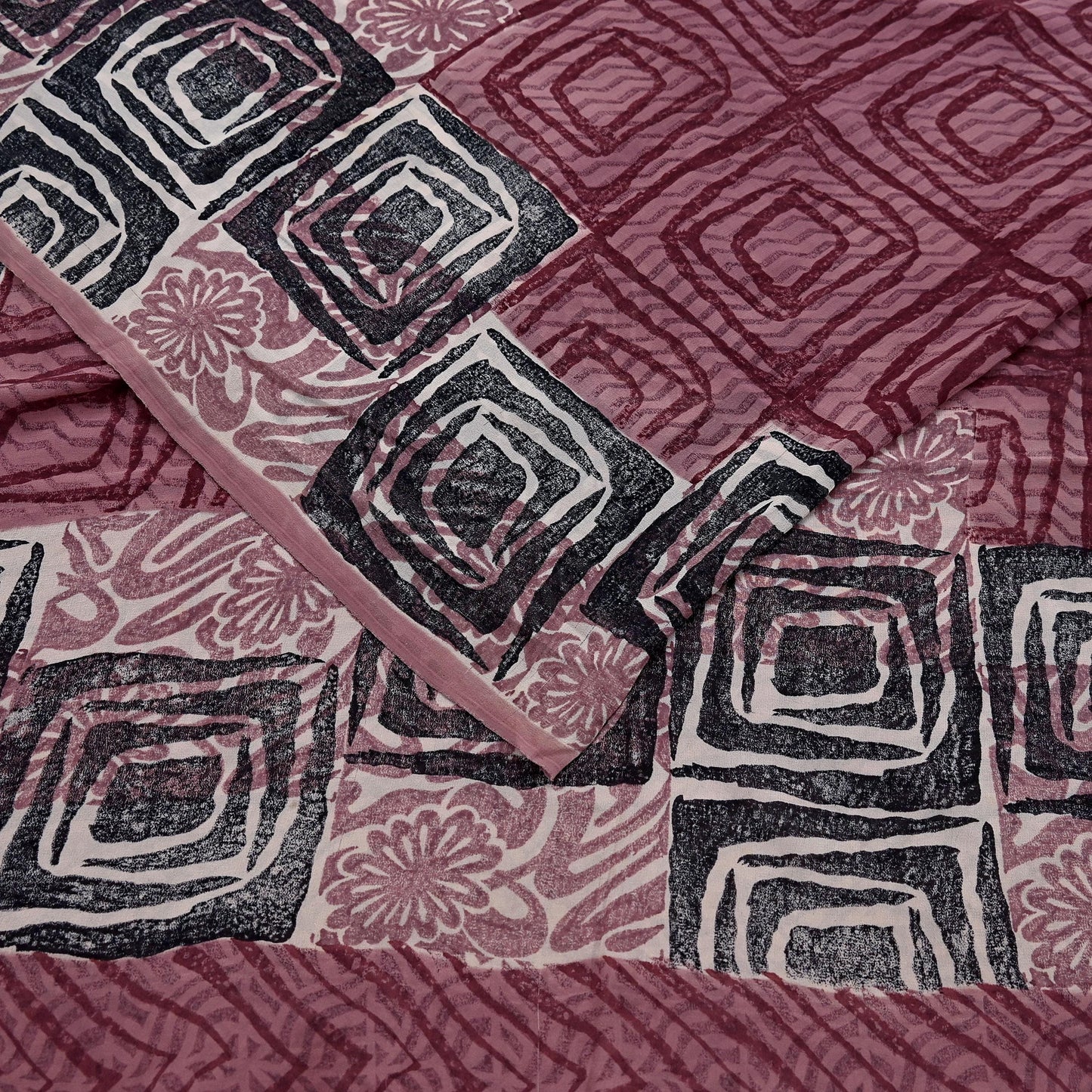 Indian Vintage Sari Brown & Maroon Pure Georgette Silk Printed Saree Craft Fabric Sewing 5Yd Soft Dress Making Crafting Quilting Upcycle