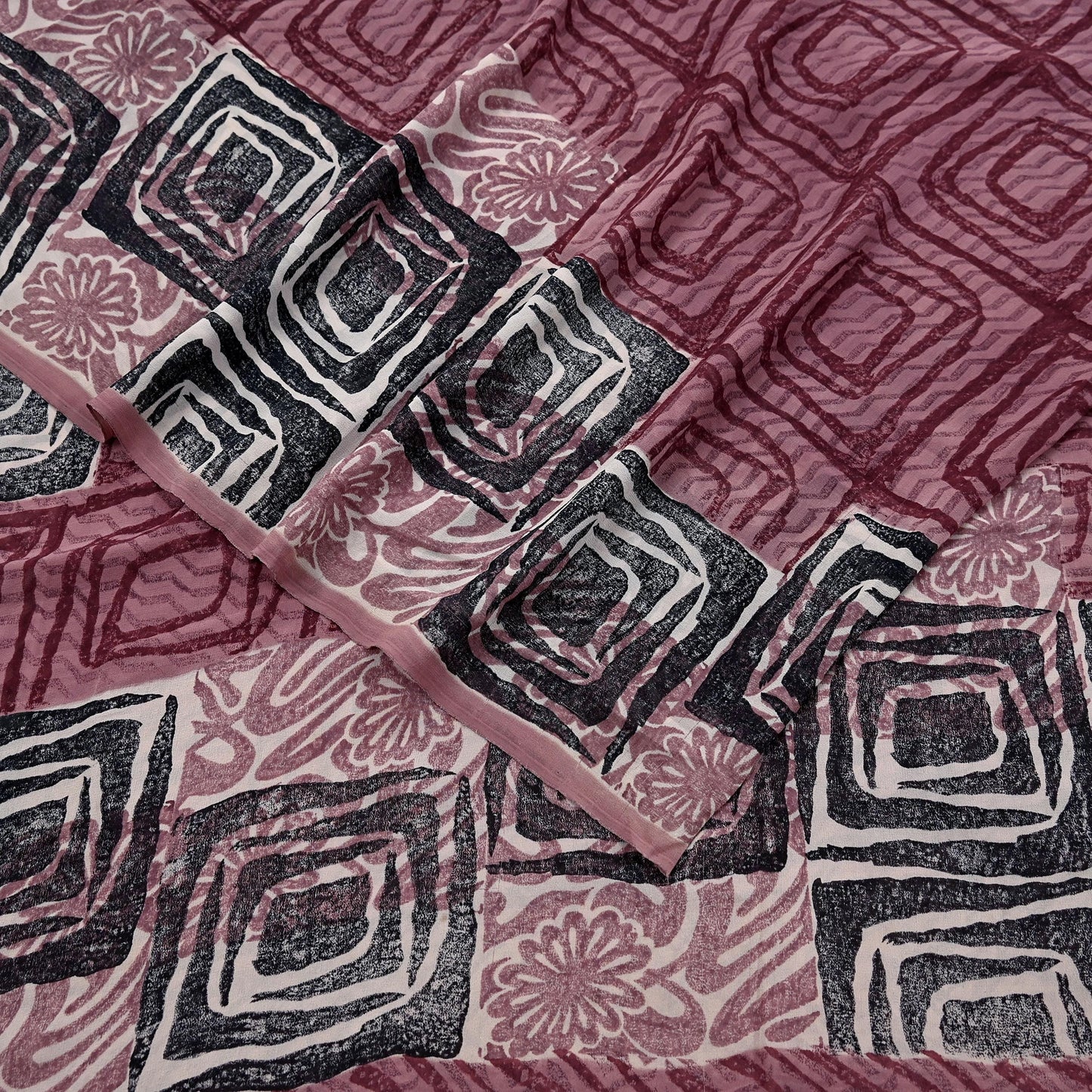 Indian Vintage Sari Brown & Maroon Pure Georgette Silk Printed Saree Craft Fabric Sewing 5Yd Soft Dress Making Crafting Quilting Upcycle