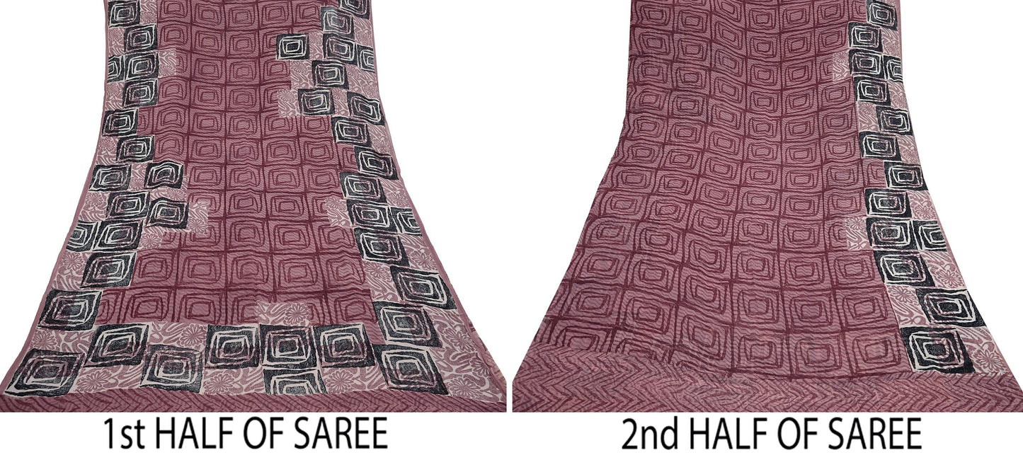 Indian Vintage Sari Brown & Maroon Pure Georgette Silk Printed Saree Craft Fabric Sewing 5Yd Soft Dress Making Crafting Quilting Upcycle