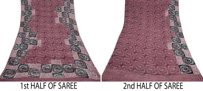 Indian Vintage Sari Brown & Maroon Pure Georgette Silk Printed Saree Craft Fabric Sewing 5Yd Soft Dress Making Crafting Quilting Upcycle