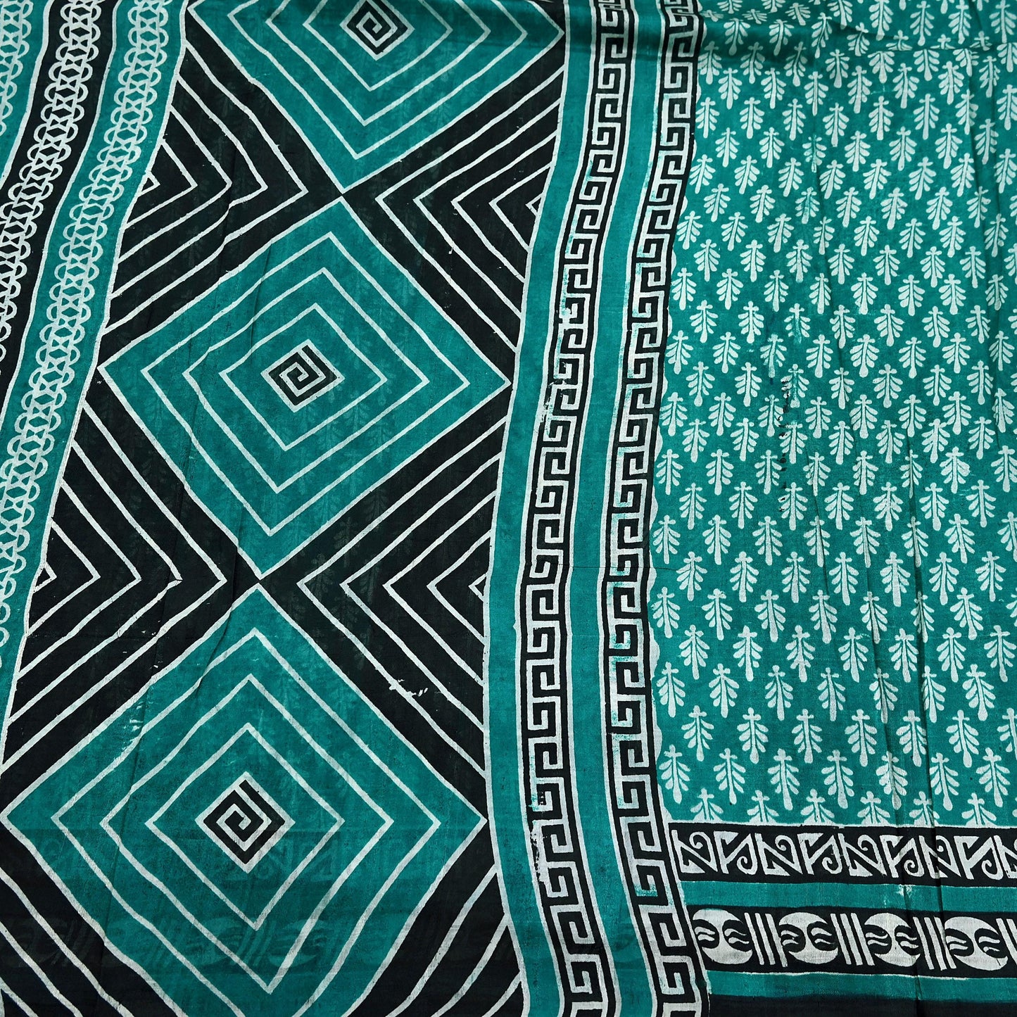 Indian Vintage Sari Green & Black 100% Pure Silk Printed Sarees 5yd Sewing Craft Fabric DressMaking Crafting Quilting Upcycle