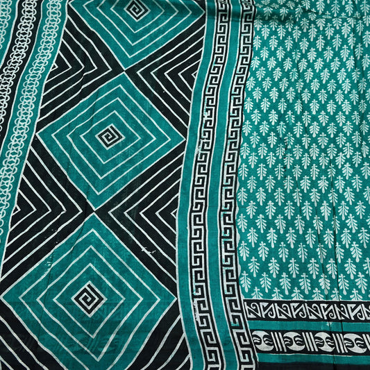 Indian Vintage Sari Green & Black 100% Pure Silk Printed Sarees 5yd Sewing Craft Fabric DressMaking Crafting Quilting Upcycle