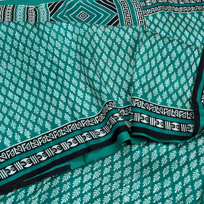 Indian Vintage Sari Green & Black 100% Pure Silk Printed Sarees 5yd Sewing Craft Fabric DressMaking Crafting Quilting Upcycle