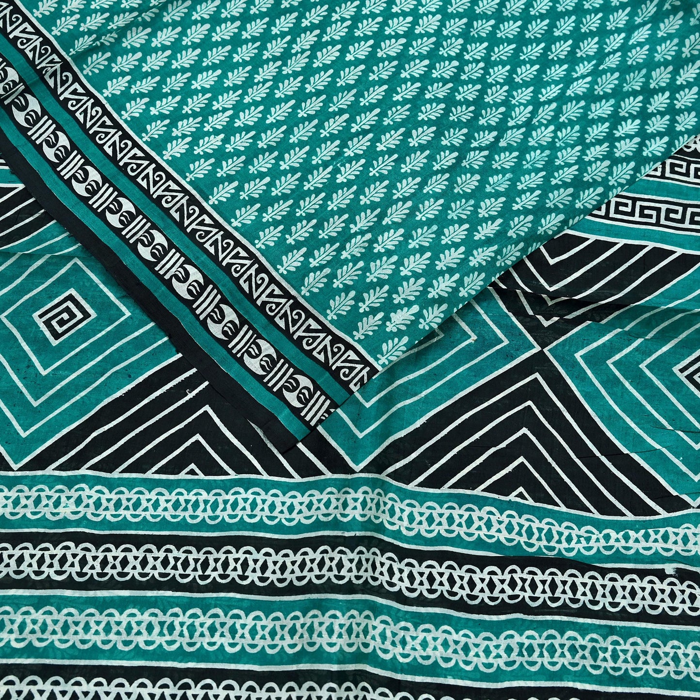 Indian Vintage Sari Green & Black 100% Pure Silk Printed Sarees 5yd Sewing Craft Fabric DressMaking Crafting Quilting Upcycle