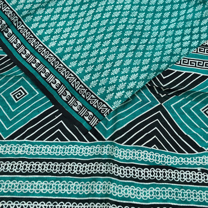 Indian Vintage Sari Green & Black 100% Pure Silk Printed Sarees 5yd Sewing Craft Fabric DressMaking Crafting Quilting Upcycle