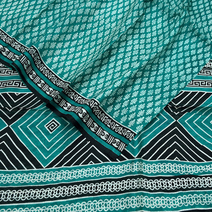 Indian Vintage Sari Green & Black 100% Pure Silk Printed Sarees 5yd Sewing Craft Fabric DressMaking Crafting Quilting Upcycle