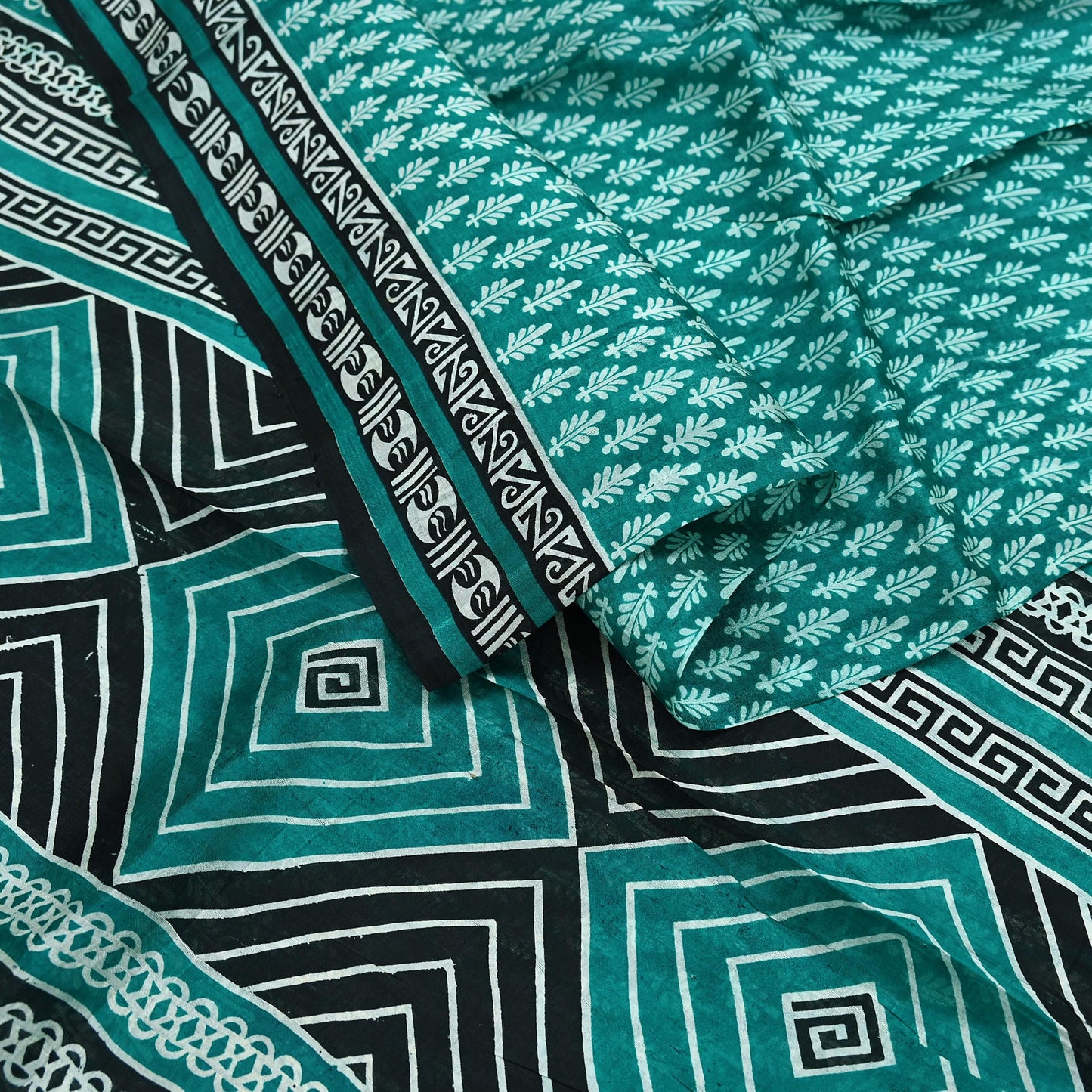 Indian Vintage Sari Green & Black 100% Pure Silk Printed Sarees 5yd Sewing Craft Fabric DressMaking Crafting Quilting Upcycle