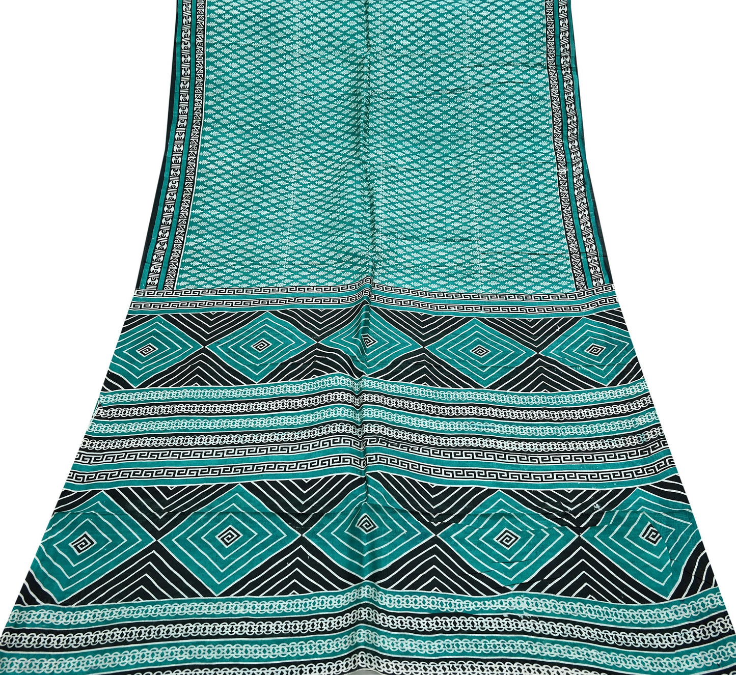 Indian Vintage Sari Green & Black 100% Pure Silk Printed Sarees 5yd Sewing Craft Fabric DressMaking Crafting Quilting Upcycle