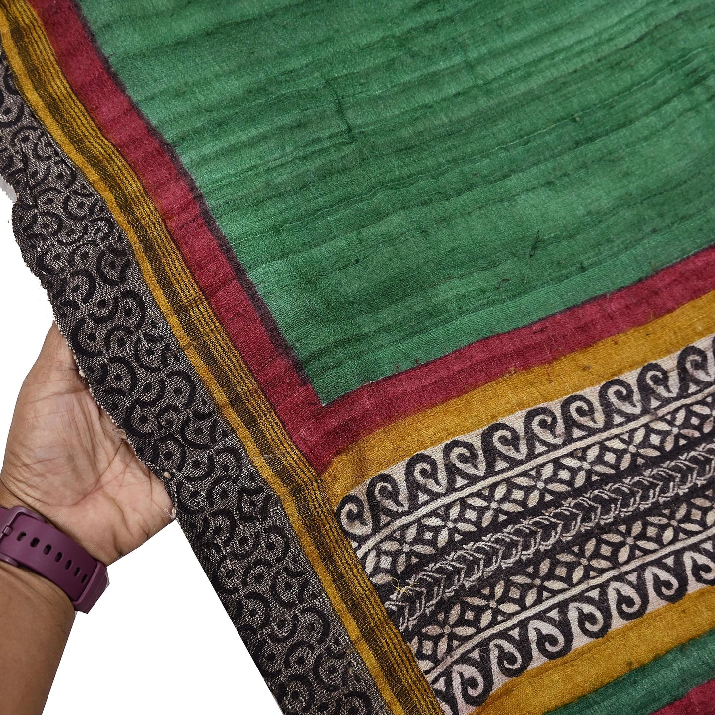 Indian Vintage Green Dupatta Long Stole 100% Pure Khadi Silk Hand Woven/ Printed Scarves Veil Scarf Wrap Hippie Fringes