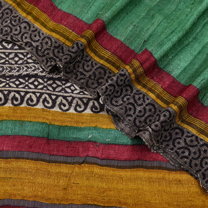 Indian Vintage Green Dupatta Long Stole 100% Pure Khadi Silk Hand Woven/ Printed Scarves Veil Scarf Wrap Hippie Fringes