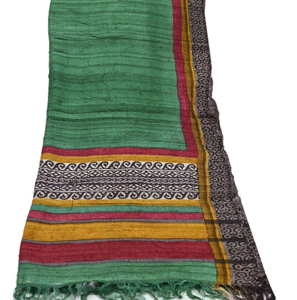 Indian Vintage Green Dupatta Long Stole 100% Pure Khadi Silk Hand Woven/ Printed Scarves Veil Scarf Wrap Hippie Fringes