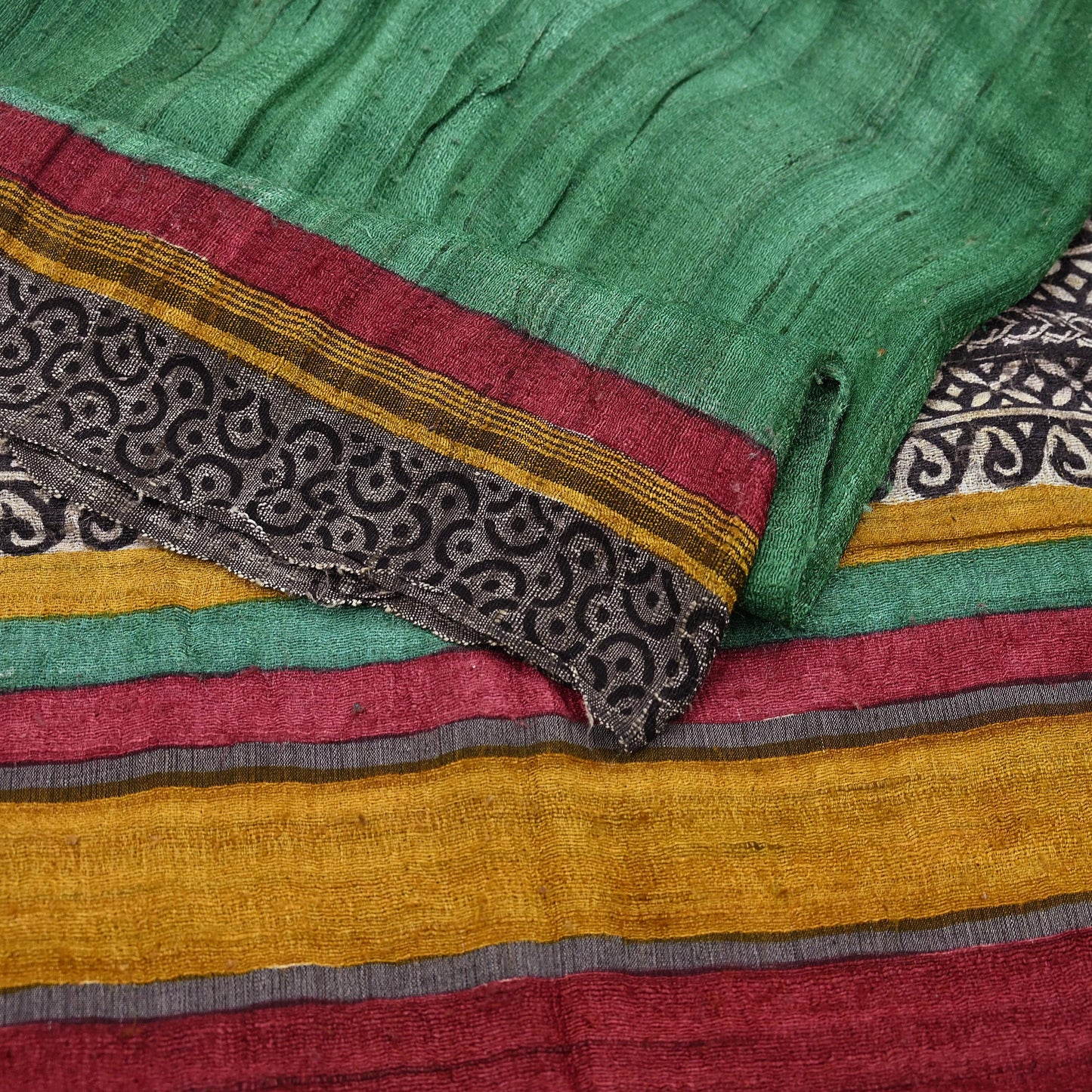 Indian Vintage Green Dupatta Long Stole 100% Pure Khadi Silk Hand Woven/ Printed Scarves Veil Scarf Wrap Hippie Fringes