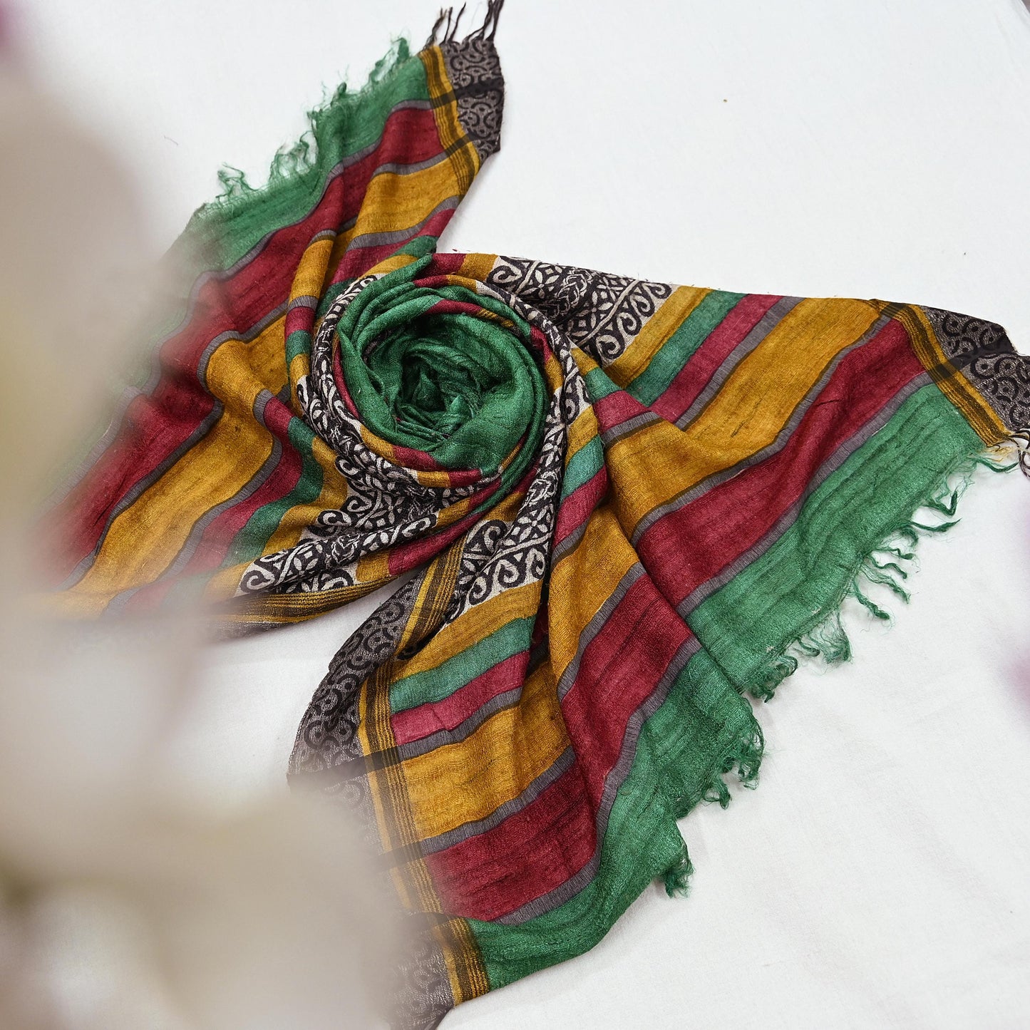 Indian Vintage Green Dupatta Long Stole 100% Pure Khadi Silk Hand Woven/ Printed Scarves Veil Scarf Wrap Hippie Fringes