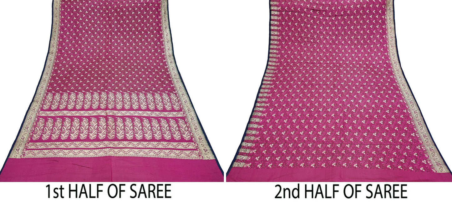 Indian Vintage Sari Magenta Heavy Pure Satin Silk Woven Banarasi Brocade Saree Zari 5Yd Ethnic Dress making Crafting Bollywood