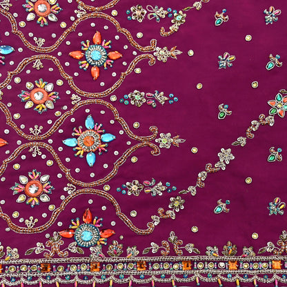 Indian Vintage Heavy Maroon Dupatta Pure Crepe Silk Long Stole Hand Embroidered Scarves Dabka Zardozi Zari Scarves Wedding/ Bridal Veil