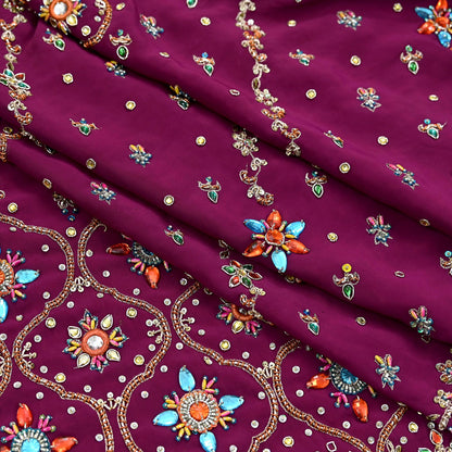 Indian Vintage Heavy Maroon Dupatta Pure Crepe Silk Long Stole Hand Embroidered Scarves Dabka Zardozi Zari Scarves Wedding/ Bridal Veil