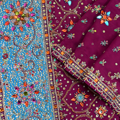 Indian Vintage Heavy Maroon Dupatta Pure Crepe Silk Long Stole Hand Embroidered Scarves Dabka Zardozi Zari Scarves Wedding/ Bridal Veil