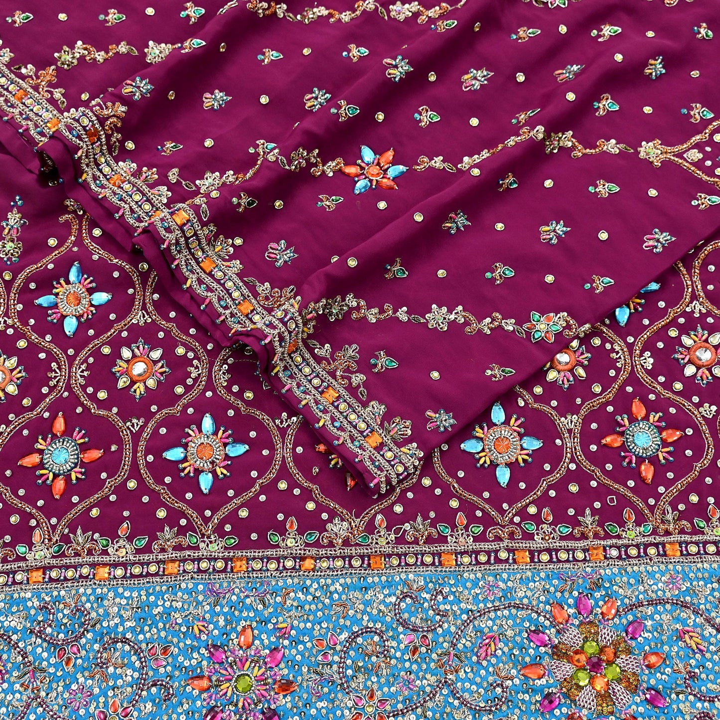 Indian Vintage Heavy Maroon Dupatta Pure Crepe Silk Long Stole Hand Embroidered Scarves Dabka Zardozi Zari Scarves Wedding/ Bridal Veil