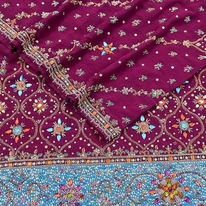 Indian Vintage Heavy Maroon Dupatta Pure Crepe Silk Long Stole Hand Embroidered Scarves Dabka Zardozi Zari Scarves Wedding/ Bridal Veil