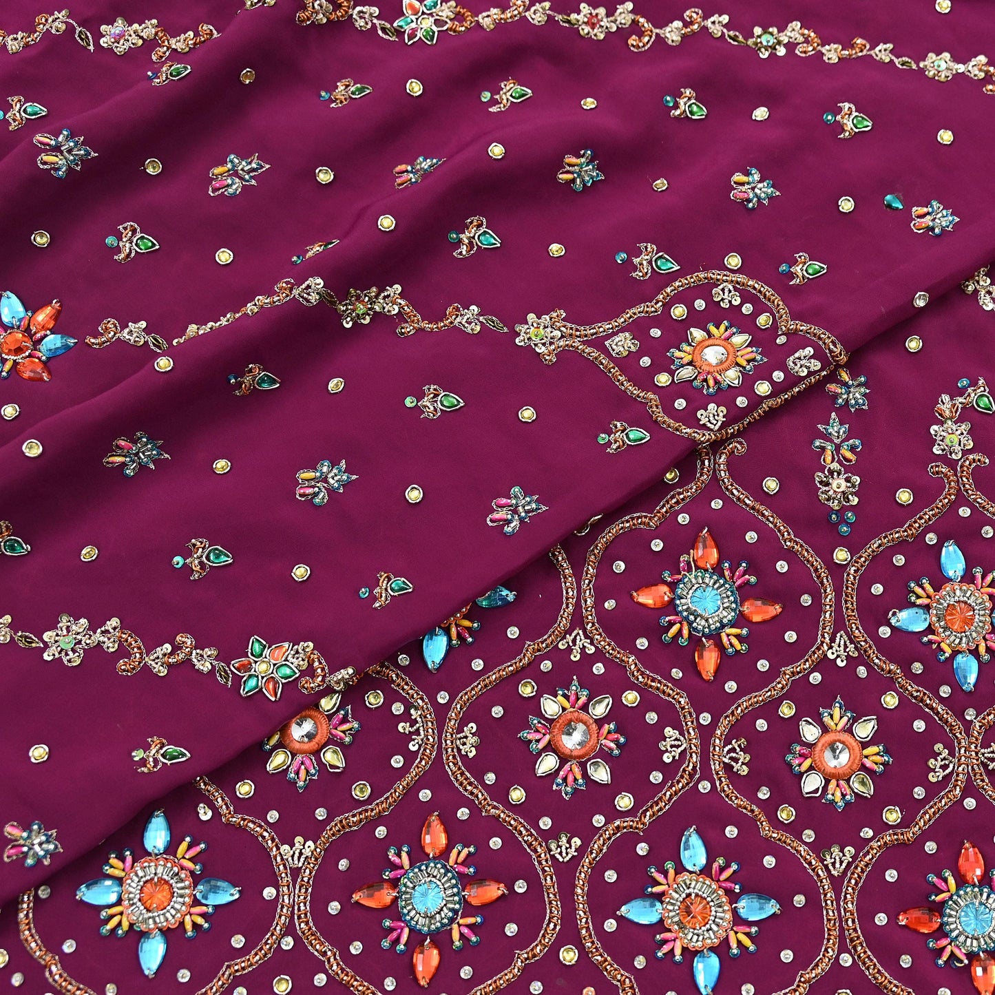 Indian Vintage Heavy Maroon Dupatta Pure Crepe Silk Long Stole Hand Embroidered Scarves Dabka Zardozi Zari Scarves Wedding/ Bridal Veil
