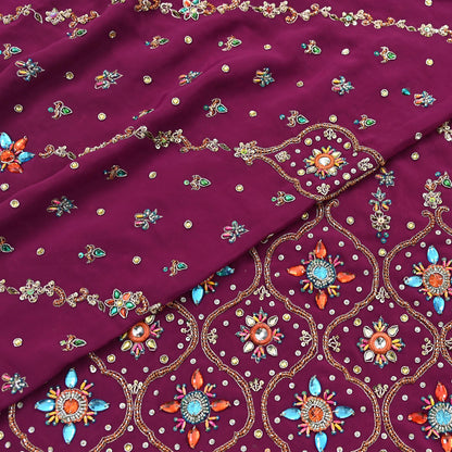 Indian Vintage Heavy Maroon Dupatta Pure Crepe Silk Long Stole Hand Embroidered Scarves Dabka Zardozi Zari Scarves Wedding/ Bridal Veil