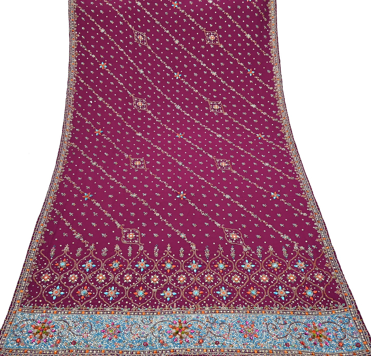 Indian Vintage Heavy Maroon Dupatta Pure Crepe Silk Long Stole Hand Embroidered Scarves Dabka Zardozi Zari Scarves Wedding/ Bridal Veil