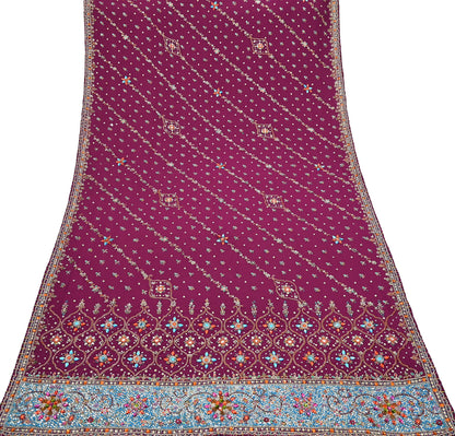 Indian Vintage Heavy Maroon Dupatta Pure Crepe Silk Long Stole Hand Embroidered Scarves Dabka Zardozi Zari Scarves Wedding/ Bridal Veil