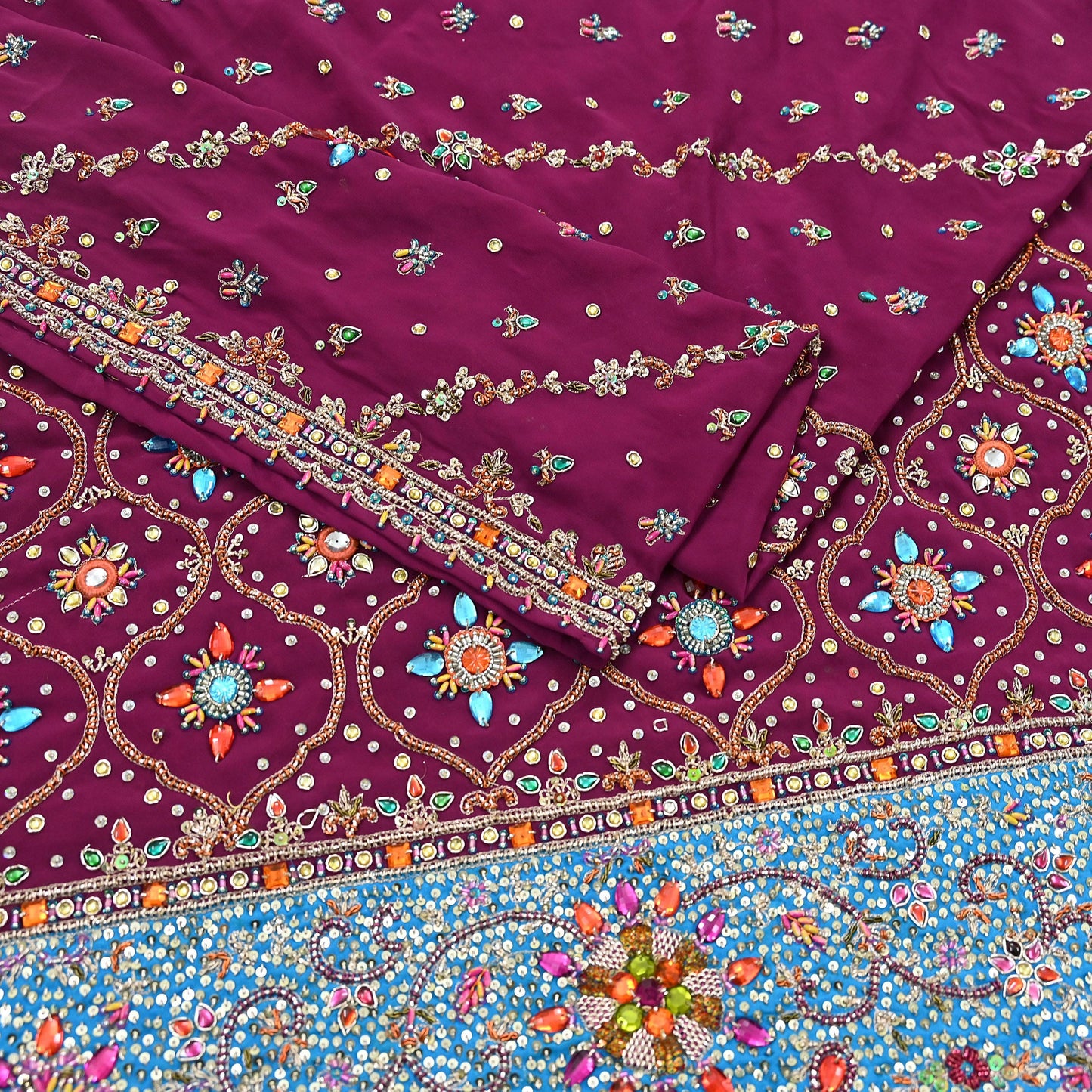 Indian Vintage Heavy Maroon Dupatta Pure Crepe Silk Long Stole Hand Embroidered Scarves Dabka Zardozi Zari Scarves Wedding/ Bridal Veil