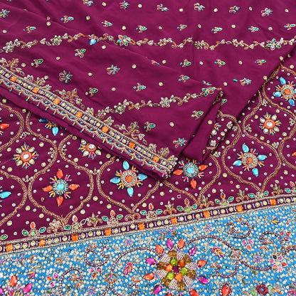 Indian Vintage Heavy Maroon Dupatta Pure Crepe Silk Long Stole Hand Embroidered Scarves Dabka Zardozi Zari Scarves Wedding/ Bridal Veil