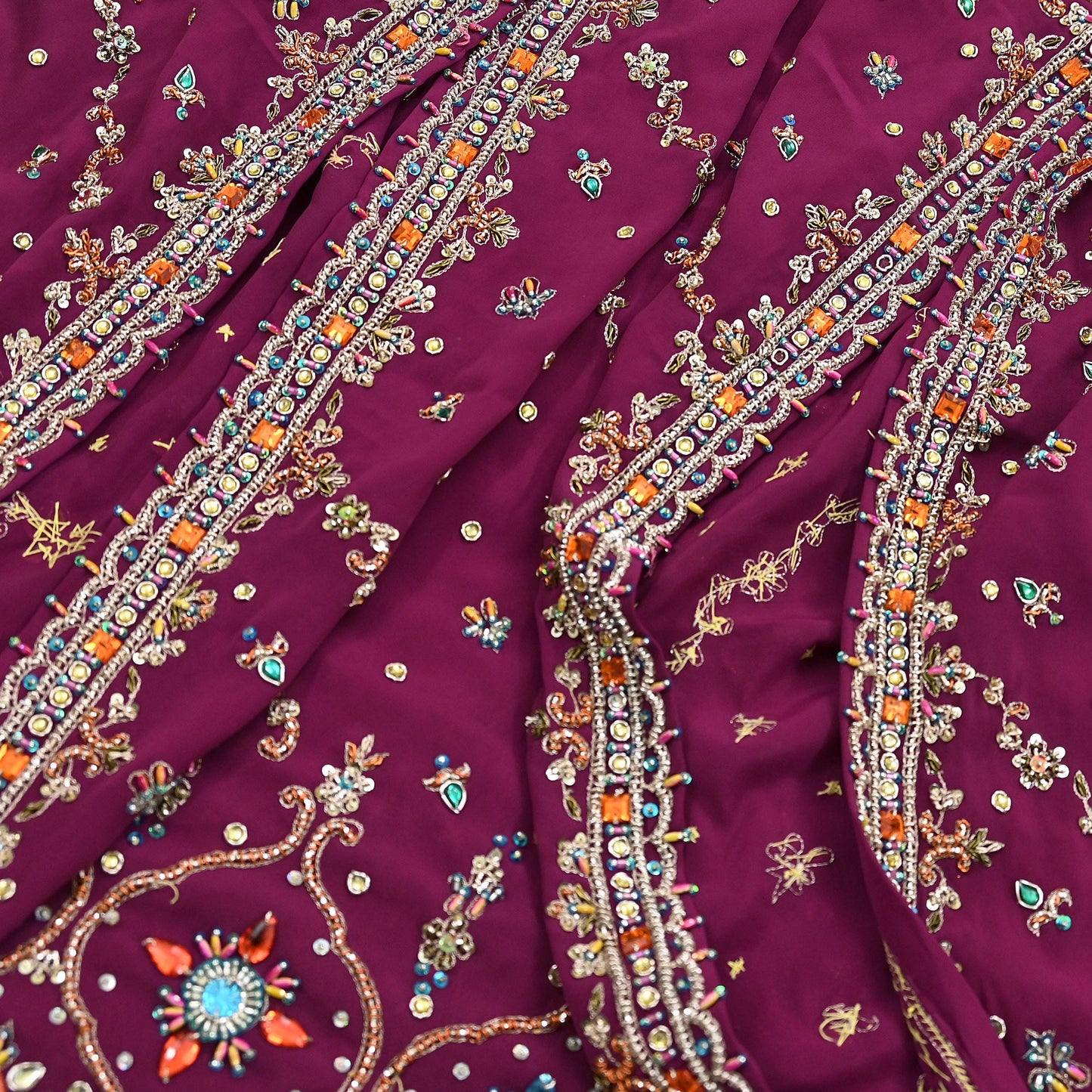 Indian Vintage Heavy Maroon Dupatta Pure Crepe Silk Long Stole Hand Embroidered Scarves Dabka Zardozi Zari Scarves Wedding/ Bridal Veil