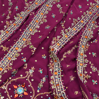 Indian Vintage Heavy Maroon Dupatta Pure Crepe Silk Long Stole Hand Embroidered Scarves Dabka Zardozi Zari Scarves Wedding/ Bridal Veil