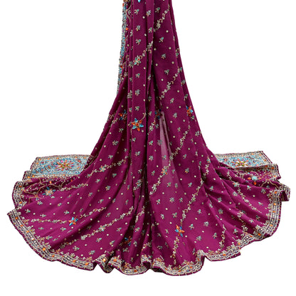 Indian Vintage Heavy Maroon Dupatta Pure Crepe Silk Long Stole Hand Embroidered Scarves Dabka Zardozi Zari Scarves Wedding/ Bridal Veil